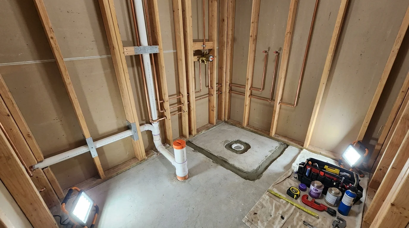 Bathroom rough-in plumbing during remodel by Johns Plumbing LLC in Bayard