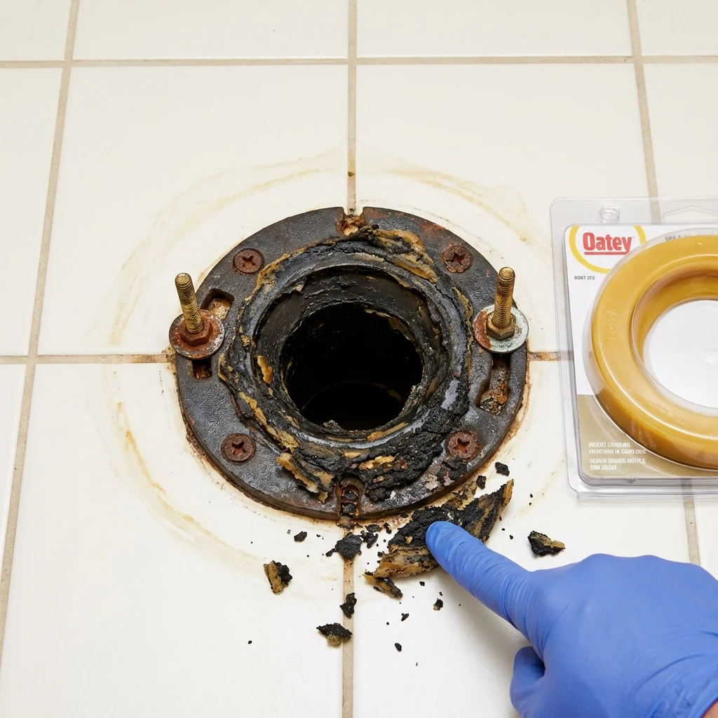 Failed wax ring showing water seepage at the base of a toilet in a Bayard, NM home