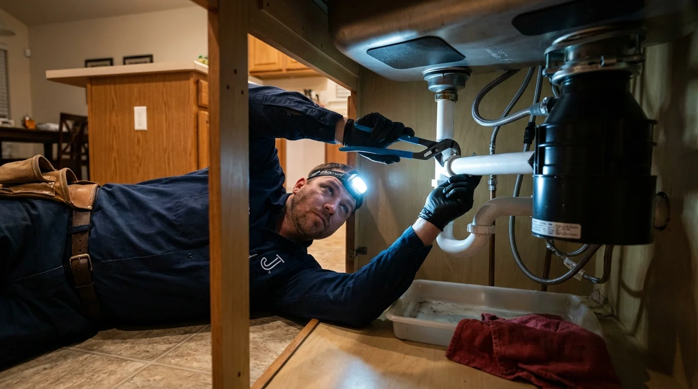 P-trap and supply line connections under a kitchen sink showing a common leak point in Bayard, NM